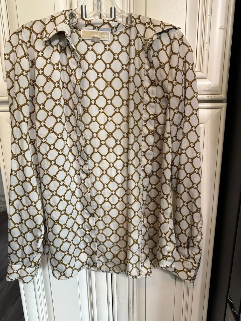 Michael Kors Women's Logo Buttons MK Gold Chains Button Up Blouse Gold Medium